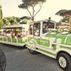 Trenino bianco e verde con passeggeri seduti.
