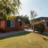 Due bungalow in legno con finestre blu, circondati da alberi e prati soleggiati.