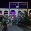 Edificio con luci viola e fiori in primo piano.